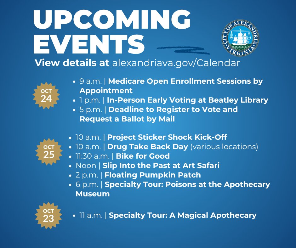 Check out next week's City-sponsored events! There's plenty of opportunity to give feedback, get resources, and have fun in Alexandria! Find out more at alexandriava.gov/Calendar.