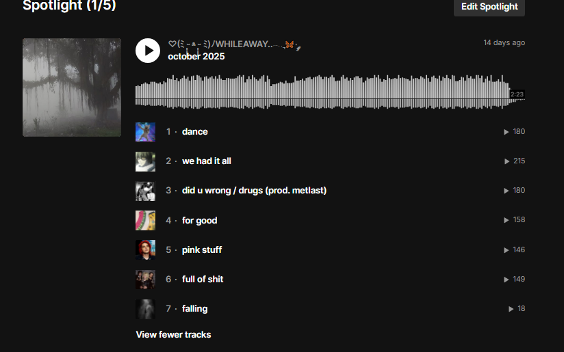 lilwhileaway's tweet image. aaaaaaaaaaa im so proud of this made this playlist 14 days ago and i already have 7 songs in it