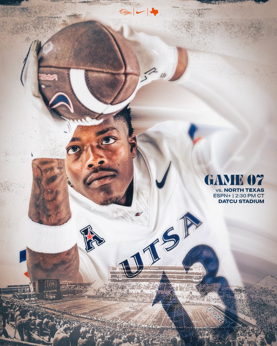𝐆𝐀𝐌𝐄 𝐃𝐀𝐘

🆚 North Texas
🕝 2:30 PM
🏟️ DATCU Stadium
📍 Denton, Texas
📺 ESPN+
💻 goUTSA.com/fbwatch
📻 goUTSA.com/fbaudio
📊 goUTSA.com/fbstats

#210TriangleOfToughness | #210wned