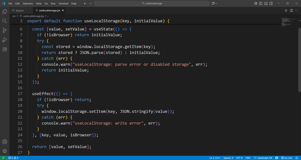 Bigyan_99's tweet photo. #LUD21

Today, I learned about another custom hook i.e. useLocalStorage.
It helps to store and retrieve data from the browser’s local storage easily so the data remains even after refreshing the page

#LearningUtsav2025
#FestivalOfLearning
#WebDevelopment
#ReactJS https://t.co/ULP9koabCa