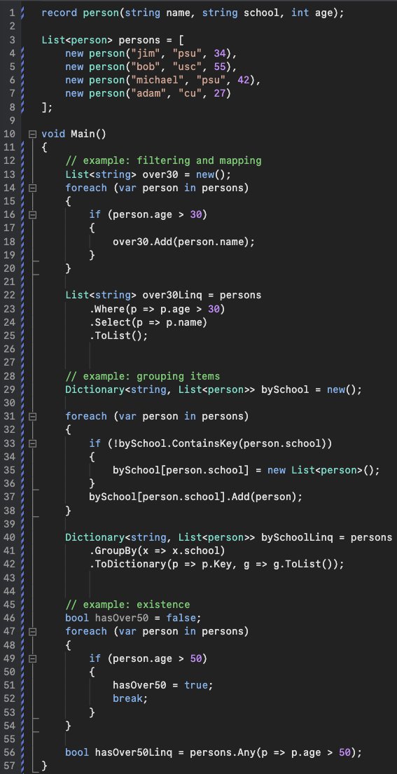 RyanRodemoyer2's tweet image. C# and LINQ = functional coding cocktail
In extremely simple terms, functional coding unlocks an ability to write the code the way you talk about it.
"filter for the users over age 30"
"group the users by school"
"show me all of the user names"
Whereas compared to the…