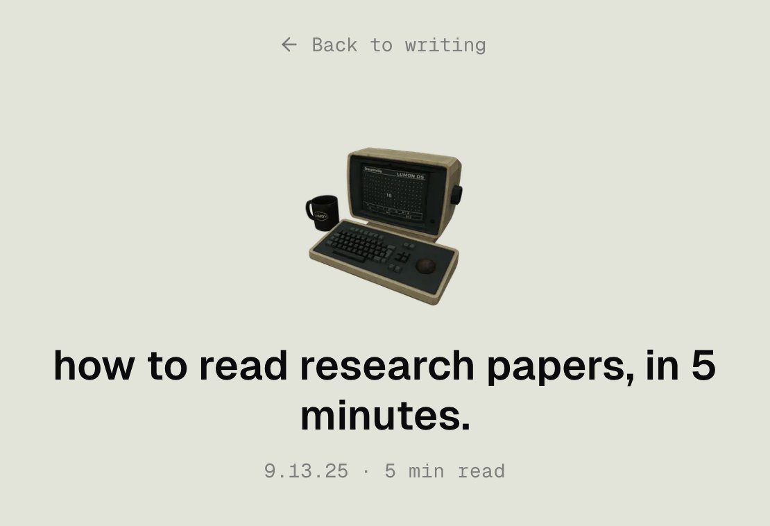 masonwang025's tweet image. (1/2) i felt like no one actually teaches you a good framework for how to read (ML) papers well + fast, so i wrote this 5-minute read

tldr: because so many papers suck, here&apos;s how to go through them quickly and revisit the good ones