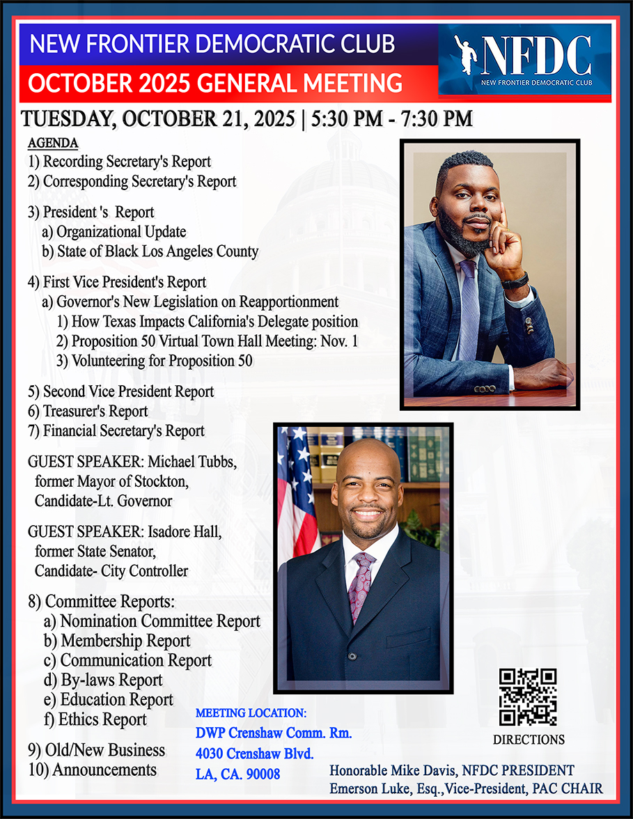 Join us this Tuesday for our General Monthly meeting w/Guest Speakers Michael Tubbs, Candidate for Lt. Governor and Isadore Hall III, Candidate for City Controller. That's Tuesday at 5:30.