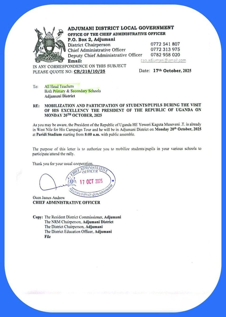 HEBobiwine's tweet image. SHAME! SHAME! SHAME!
Dictator Museveni and his criminal enterprise continue to get exposed. Left with nothing to offer and unable to attract the population to listen to his lies after 40 years, there are now orders from Chief Administrative Officers for primary school pupils…