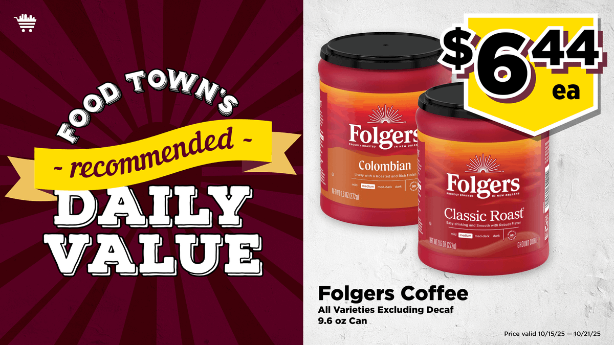 Food Town RDV: Folgers Coffee (all varieties, except for Decaf, 9.6 oz can): $6.44 each (Valid through 10/21/25). rdv #save #everydayvalues#foodtownhouston
