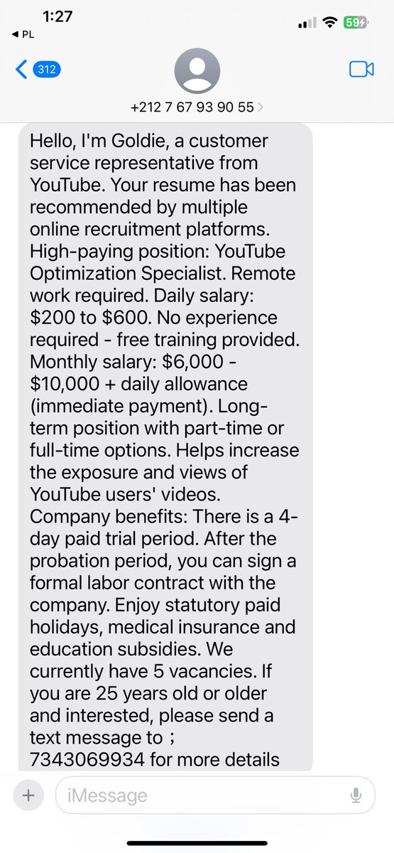 🚨 SCAM VERDICT from Flggd

📋 VERDICT:
This is a Scam!

🚩 TRIGGERED RED FLAGS:
• Unsolicited job offer
• Unrealistic salary claims
• No experience required
• Immediate payment promises
• Request for personal information via text

🔗 Learn more:
flggd.com