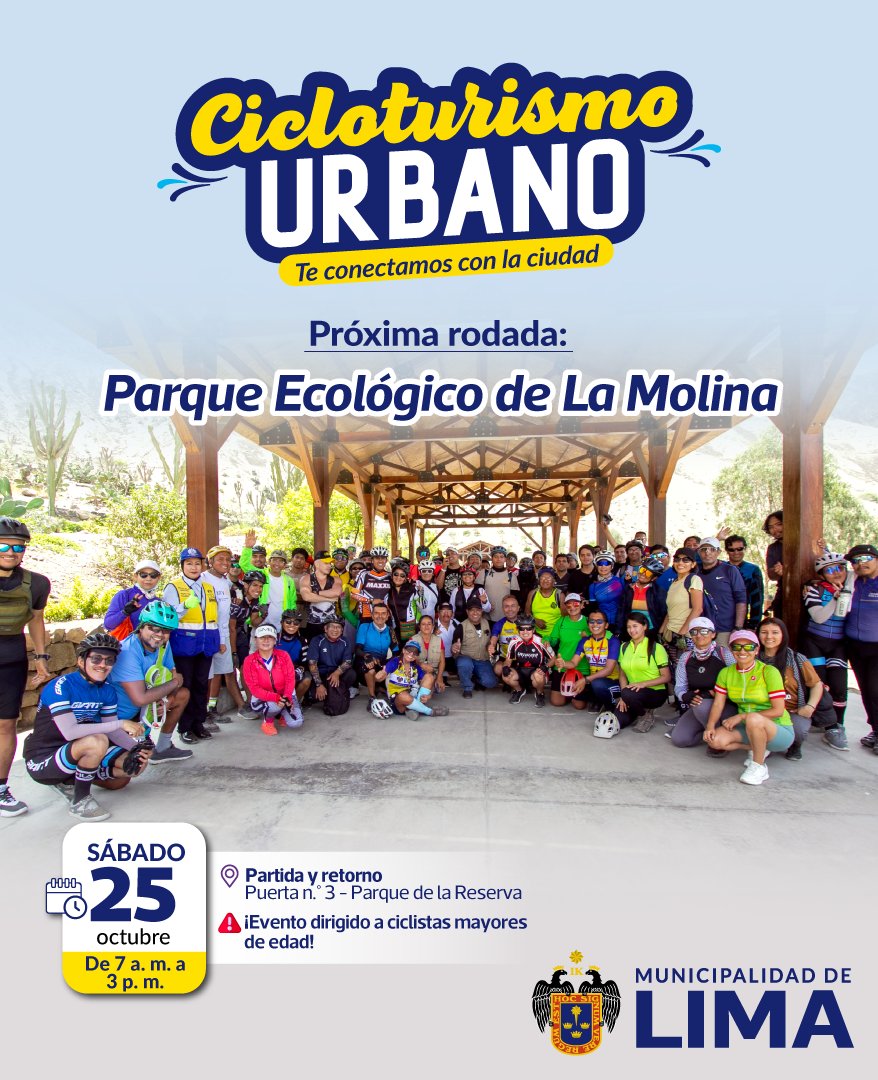 🚴‍♀️ ¡Nos vamos al Parque Ecológico de La Molina con #CicloturismoUrbano! 🥳

🗓 Sábado 25 de octubre | ⏰ 7:00 a. m. – 3:00 p. m.
📍 30 km (ida y vuelta)

📲 Inscríbete hasta el 23/10: forms.gle/TcHxV4fRrseeJE…

⚠ Lleva casco, luces y bici en buen estado. Solo para mayores de edad.