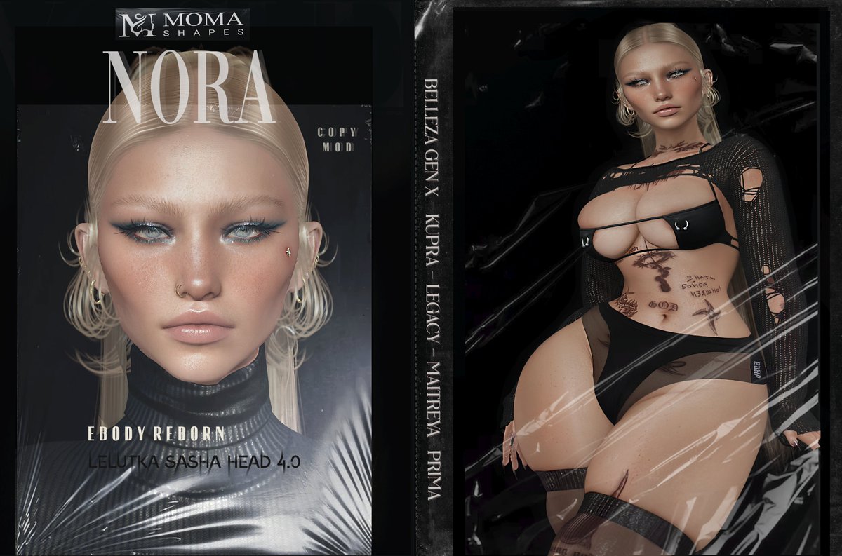 MOMA - Nora Shape for LeLUTKA Sasha Head 4.0

✤ Shape eBODY REBORN  
✤ Shape BELLEZA GEN X
✤ Shape KUPRA
✤ Shape LEGACY
✤ Shape MAITREYA
✤ Shape PRIMA

INCLUDE: 
♦Style card 
♦Brows Shape