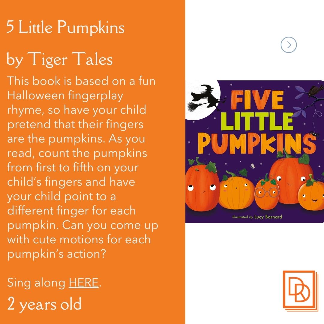 DDReading's tweet image. Prescription for Reading #1 for October 2025! Ages 18 months-2.5 years.
Five Little Pumpkins: ow.ly/51yx50XevAW
Learn more at: ow.ly/ZoUo50XevAY
Talk, Sing, Read, Play. Everyday! 
#booksforkids #books #parenting #kids