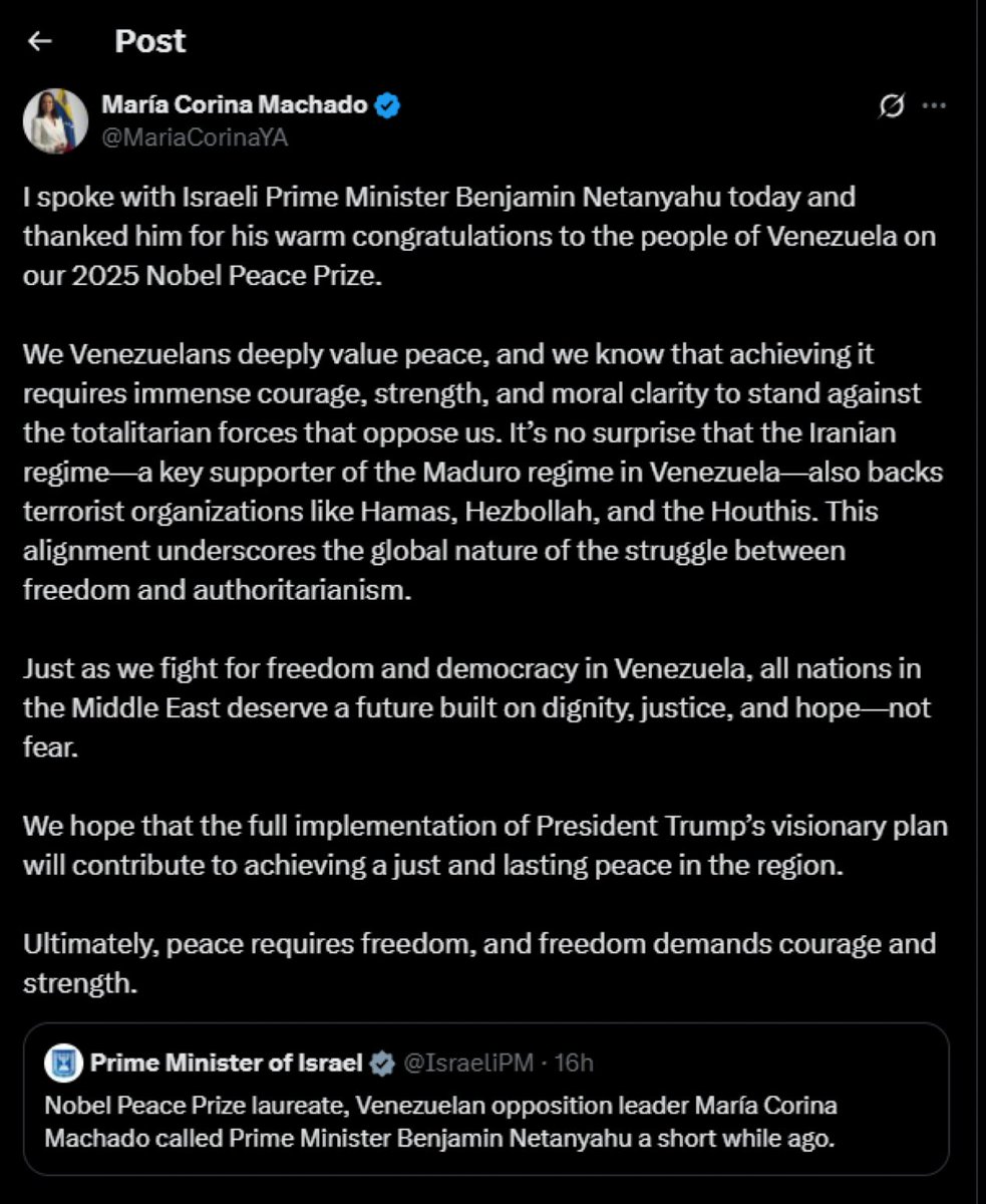 🇻🇪🇮🇱 | La líder de la oposición venezolana y ganadora del Premio Nobel de la Paz, María Corina Machado, expresó su apoyo a Israel en una llamada telefónica con Netanyahu.