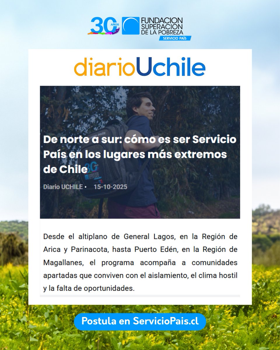 🙌 [PRENSA] 📰 <a href="/uchileradio/">Radio Universidad de Chile</a> 
De norte a sur: cómo es ser Servicio País en los lugares más extremos de Chile

Desde el altiplano de General Lagos, en la Región de Arica y Parinacota, hasta Puerto Edén, en la Región de Magallanes.

🔗radio.uchile.cl/2025/10/15/de-…