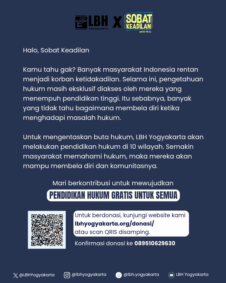 Halo Sobat Keadilan

Mari berkontribusi untuk menyediakan pendidikan hukum gratis yang lebih luas! Untuk berdonasi, kunjungi website kami lbhyogyakarta.org/donasi/ atau scan QRIS di poster.