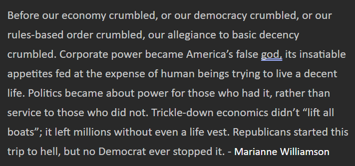 "Republicans started this trip to hell, but no Democrat ever stopped it." <a href="/marwilliamson/">Marianne Williamson</a>