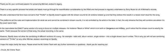 A formal letter on Michael Jackson Estate letterhead dated October 10 2024 addressed to fans. It discusses Spotifys policy of merging multiple versions of Michael Jacksons songs such as Thriller into one track for stream counts. The text explains impacts on chart results and artist legacy. It includes contact instructions for emailing the MJ Team with comments. Signatures from John Branca and John McClain appear at the bottom.
