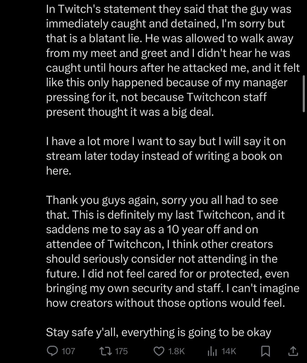 Emiru drops a statement about her assault at TwitchCon

Says it’s her last time attending event

“I am ok and thank you for all the kind messages..the man was allowed to cross multiple barriers..I am lot more hurt and upset by how Twitch handled it during and after the fact..I