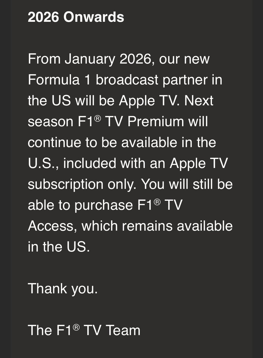 verasaki's tweet photo. @accent_man @TheVedaCain @F1Media @AppleTV Email from F1TV. Pro is being eliminated. https://t.co/BJxfgaLOdC