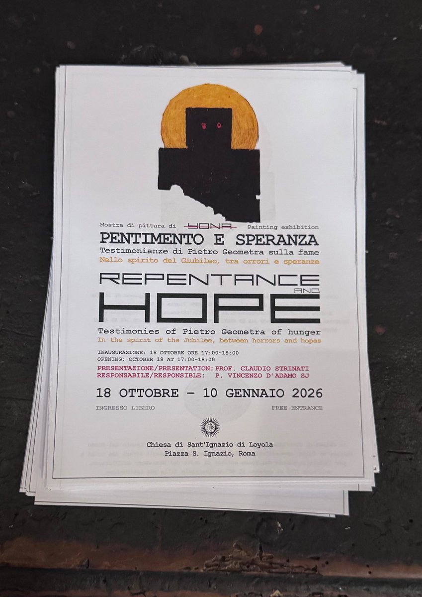 UKRinVAT's tweet photo. Oggi a Roma si apre “PENTIMENTO E SPERANZA” – un viaggio tra memoria e fede. Le testimonianze di Pietro Geometra sull’Holodomor e i dipinti di Yona ci parlano di dolore e rinascita.
📍Chiesa di Sant’Ignazio di Loyola
🗓️ Fino al 10 gennaio 2026 https://t.co/vbbYVXwW2C