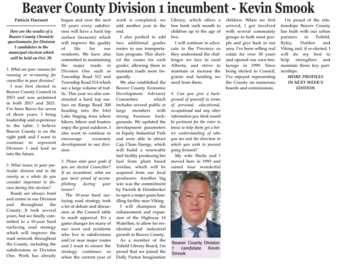 kevinsmook's tweet image. It&apos;s the final weekend of campaigning in the 2025 municipal election.  I&apos;m asking for your vote as Councillor for Division One in Beaver County.  Please contact me at 780-995-9339 if you would like to talk.  I&apos;ve included an recent interview with the Tofield Mercury in this post.