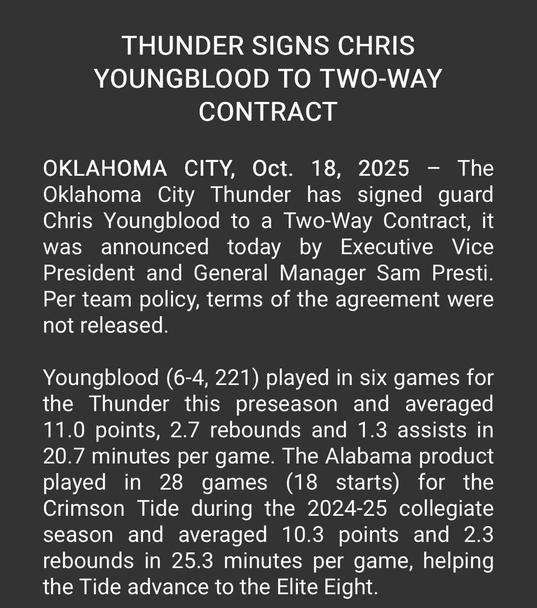 Thunder signs Chris Youngblood to their final 2 way contract. 
