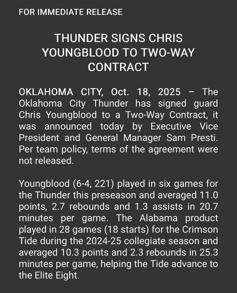 Thunder sign Youngblood to the 3rd two way spot 

Youngblood can really shoot it, and is a great cultural fit for OKC

The Thunder have filled all their roster spots 