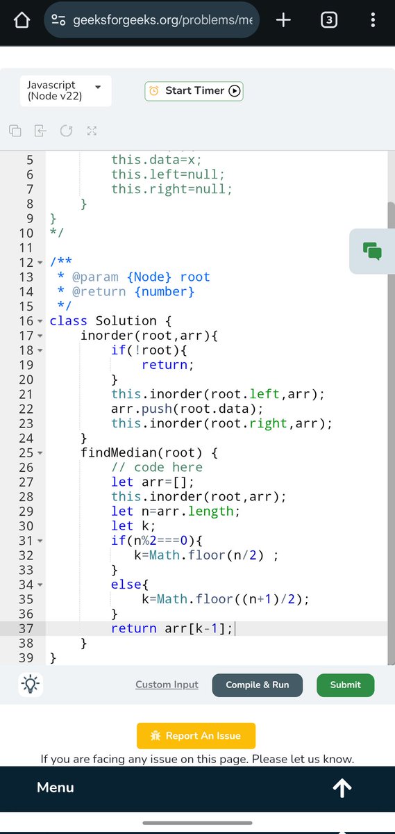 Pratikshak19332's tweet image. 🚀 Day 402 of #POTD @geeksforgeeks 🎯
✅ Problem: Find Median of BST
✅ Approach:
Use inorder traversal to get sorted values, then return the middle element (lower middle if even).
#GeeksforGeeks #CodingChallenge #DSA #JavaScript