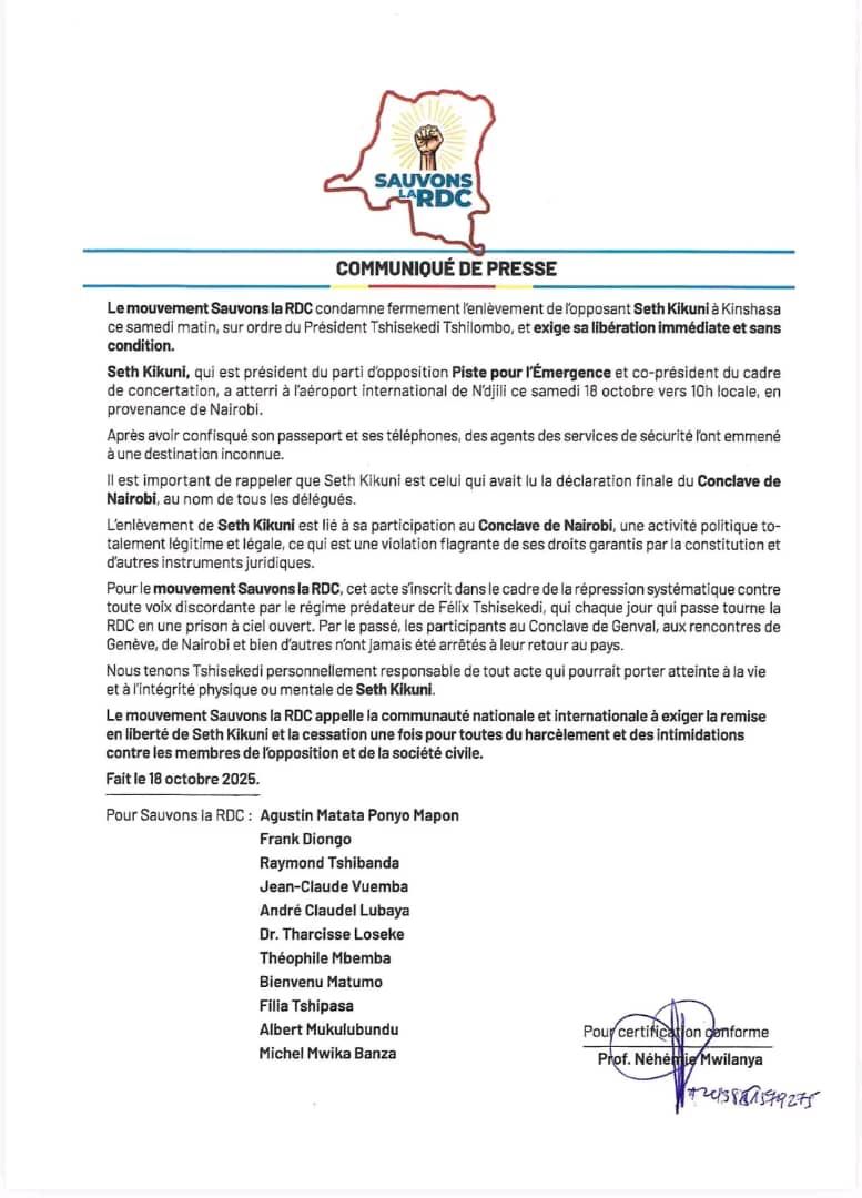 Nous exprimons notre solidarité à Seth Kikuni, Président d’un parti politique de l’opposition et membre de la nouvelle plateforme « Sauvons la RDC ».
Nous soutenons pleinement le communiqué de presse exigeant sa libération immédiate et sans condition, conformément aux principes