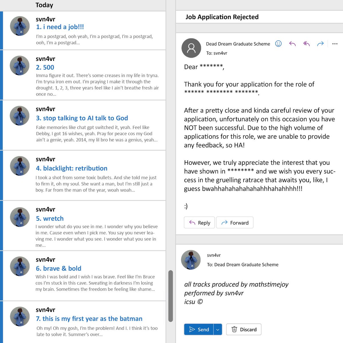 svn4vr
postgrad 
27th october

all songs prod. mathstimejoy
cover art me n sis
tracklist by <a href="/monnysoul/">monsoul</a> 
Yahweh Bless

+ “stop talking to AI talk to God” out on Monday