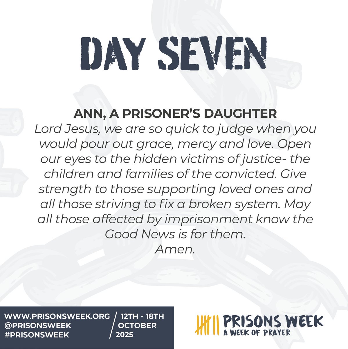 Day Seven of #PrisonsWeek 2025

Today we pray for families &amp; children affected by imprisonment — the hidden victims of justice.

May all know the power of grace, mercy &amp; hope.

How can we show compassion to the unseen?

#HopeBehindBars #Junction42