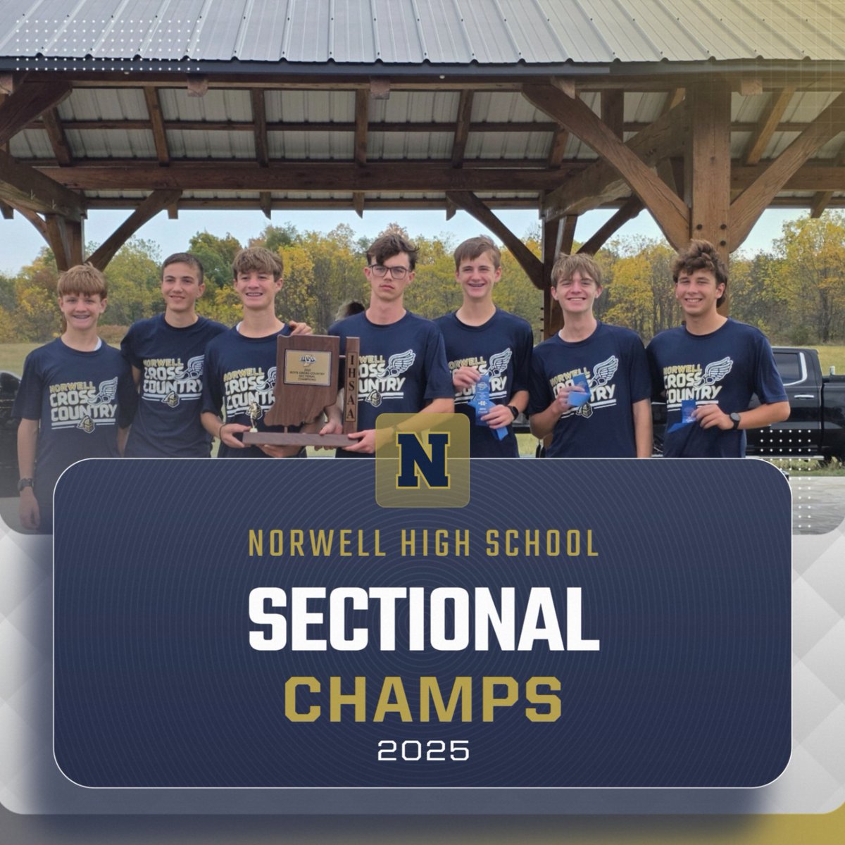 Knights capture sectional title.  Caiden Petrie (3rd) 16:42, Gage Reinhard (4th) 17:00, Maddux Thornton (6th) 17:10, Hudson Petrie (12th) 17:26, Easton Reinhard (19th) 17:40, Elijah Jacob 18:36 &amp; Nathan Dupre 19:07.  They advance to next Saturday's Regional at Huntington Univ.