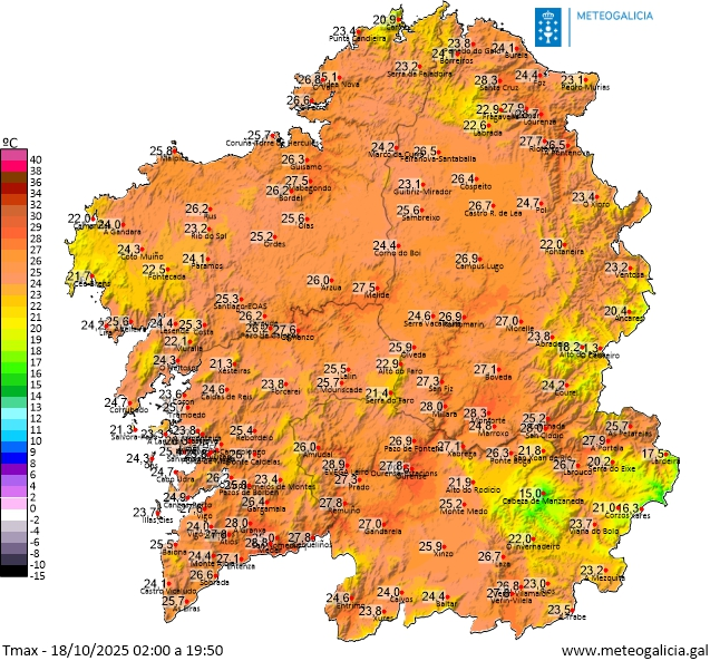 Despedimos unha xornada de temperaturas elevadas agardando nas próximas horas a entrada polo oeste da fronte 🌧️ Mañá as temperaturas descenden a valores mais normais para a época do ano.