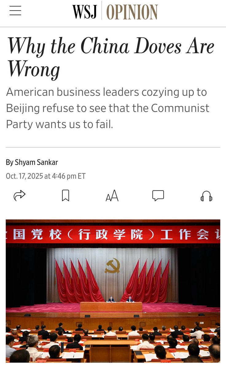 “The Communist Party believes China and the U.S. are locked in a “great struggle” for mastery. In this worldview, it isn’t enough for China to rise—the U.S. must fall.” Why the China Doves Are Wrong by Shyam Sankar, WSJ wsj.com/opinion/jensen…
