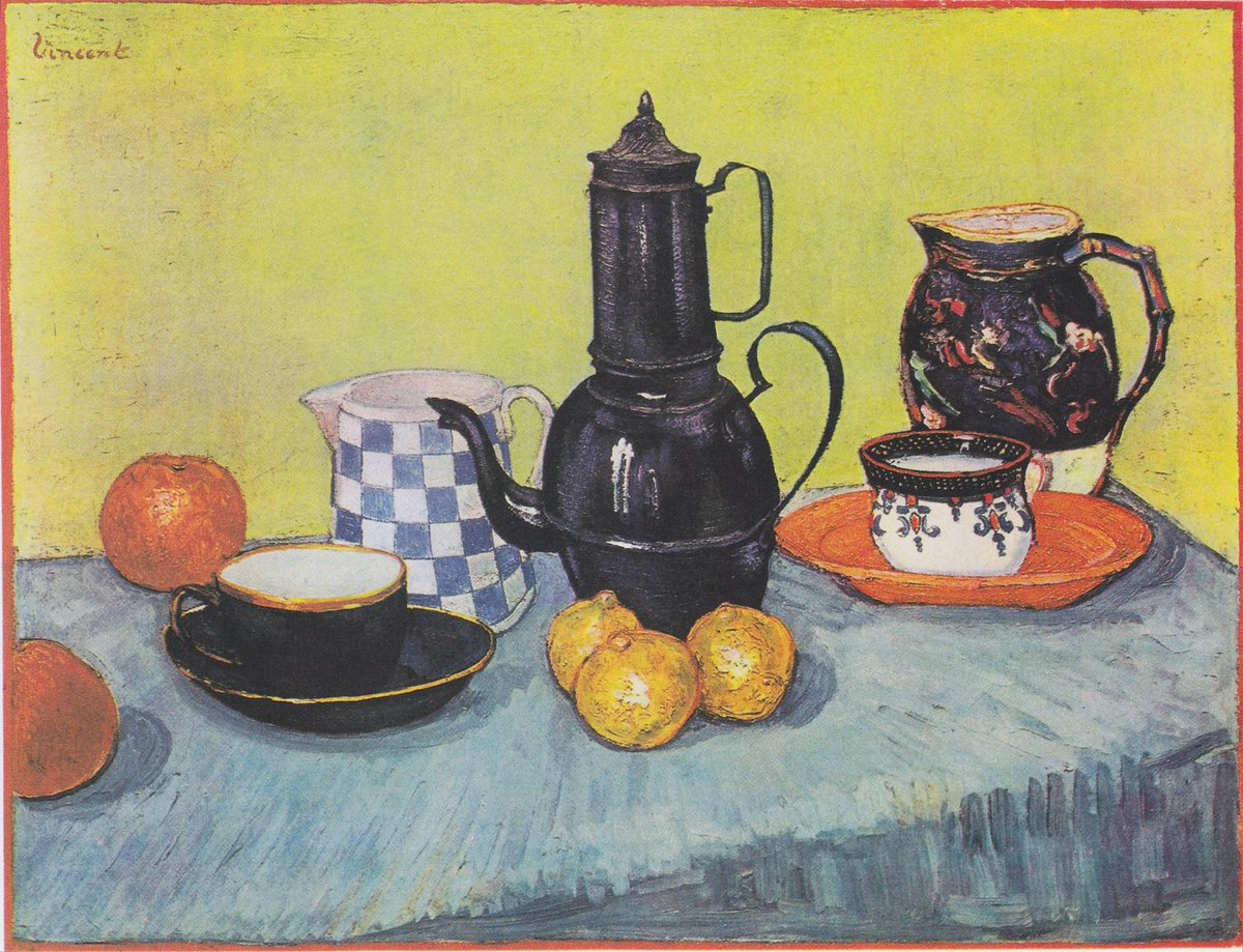 Still Life: Blue Enamel Coffeepot, Earthenware and Fruit