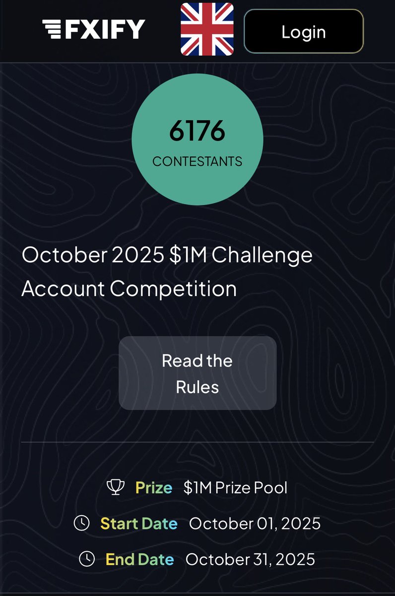 OunceFx's tweet photo. $1M Prize Pool
Trading Competition
Oct 1st - Oct 31st 2025
Top Rank - #155
Win Rate - %๐ฏ
#OunceFx #DailyBread #OctoberCompetition #FXIFY #aespaRichMan #FlyEaglesFlyย ย ย #ICTConcept #TradingStrategy https://t.co/7w0EQrQq6K