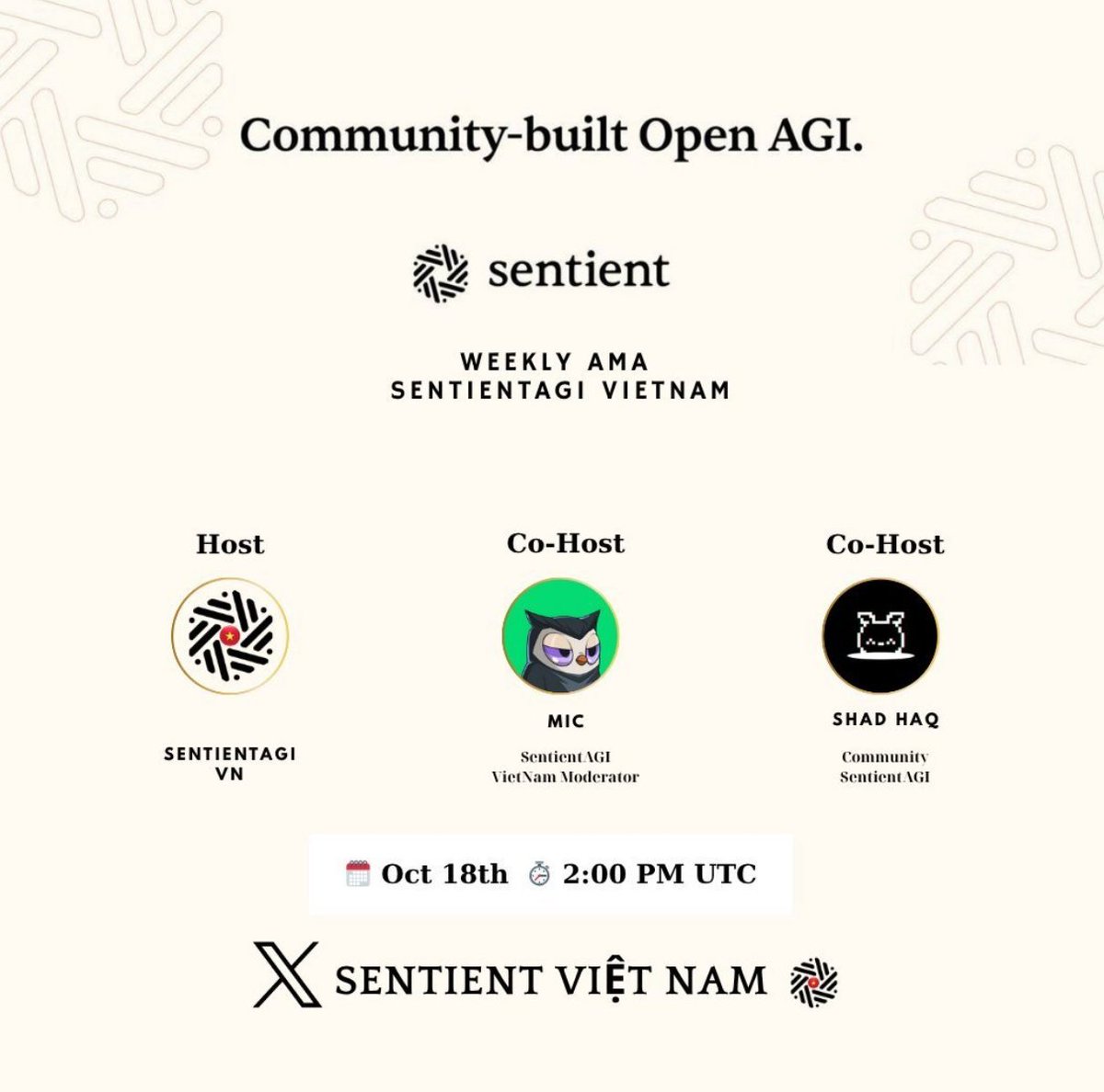 0xSyvra's tweet image. GM, Sentient fam
SentientAGI Vietnam’s weekly AMA is back live at 2 PM UTC.
This round we’re joined by
@shad_haq_ Community Lead @SentientAGI
We’ll cover:
💰 $SENT tokenomics
🌍 community roadmap
🧠 upcoming launch direction
No fluff. Just builders talking to builders.…
