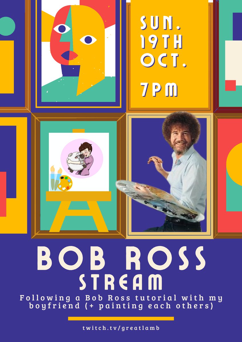 Come join me and my partner tomorrow into a painting stream, at 7PM UK time! 

We'll be following a Bob Ross tutorial and then try to paint each others. <3