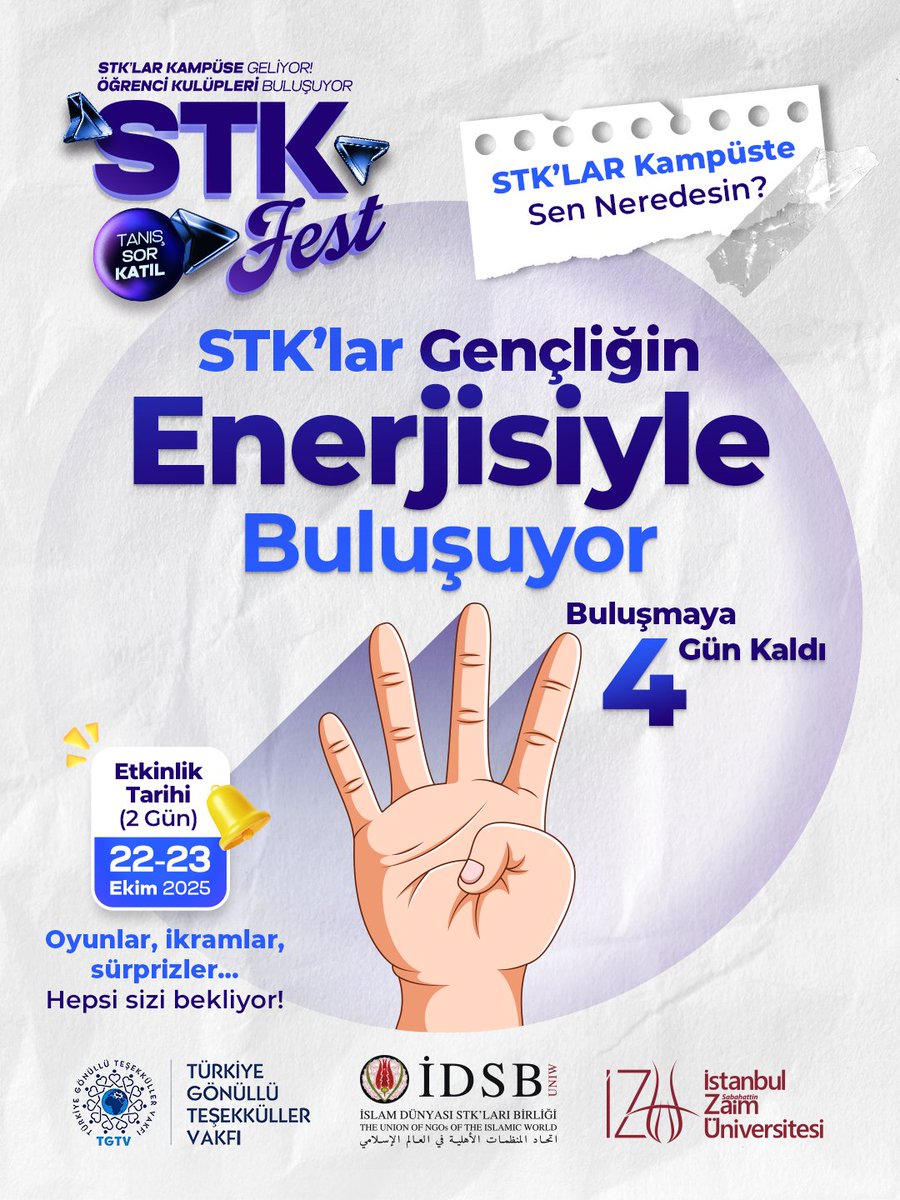 🎉 #STKFest’e 4 Gün Kaldı!
Heyecan dorukta, geri sayım başladı! ⏳

STK’lar, gençliğin enerjisiyle İstanbul Sabahattin Zaim Üniversitesi Kampüsü’nde buluşuyor.

Oyunlar, atölyeler, ikramlar ve sürprizlerle dolu bu büyük buluşmayı sakın kaçırma! 💥