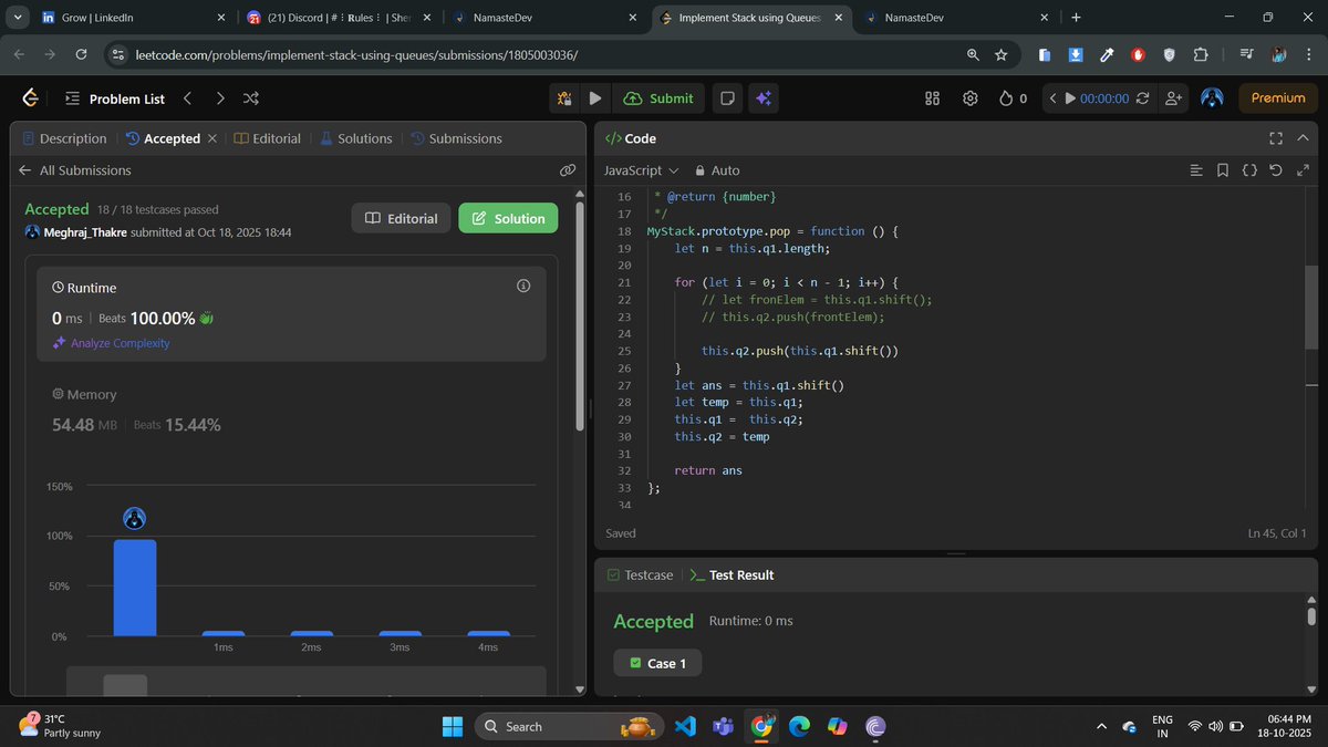 meghraj_thakre1's tweet image. Day 38 — Stack using Queue 🔁
Can a Queue behave like a Stack? 🤯
Tried it in JS today — rotation trick (shift + push) made it work!
✅ 2-Queue version
✅ 1-Queue optimized version
Big thanks to Akshay Sir 🙌
#Day38 #DSA #JavaScript #Stack #Queue #100DaysOfCode #AkshaySir