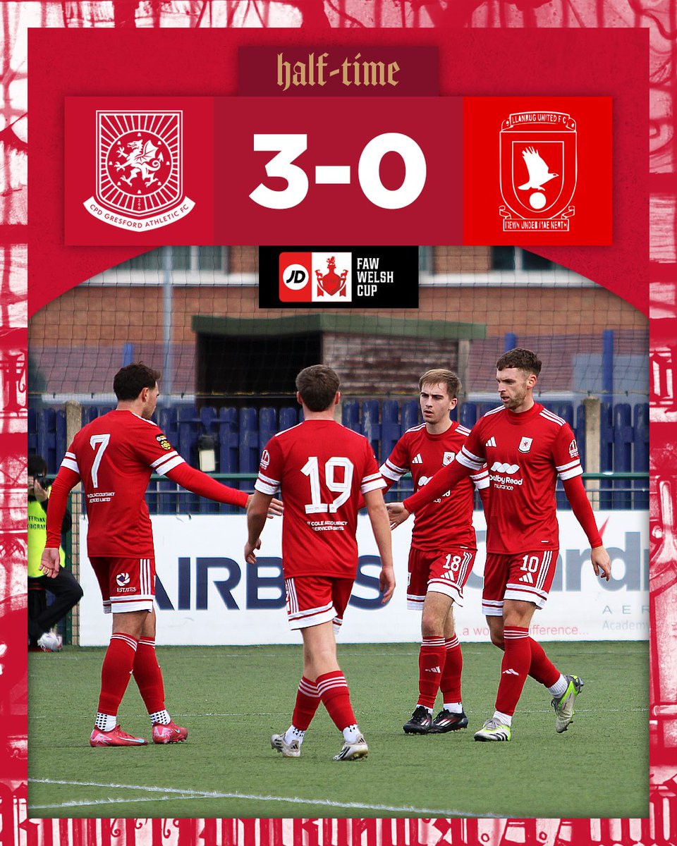 GresfordFC's tweet photo. HALF-TIME | Gresford Athletic 3-0 @LLANRUGUNITEDFC
A @jakey_roberts96 hat-trick has us ahead at the break! π€
#GRELAN | #JDWelshCup https://t.co/MhI3lrvqcZ