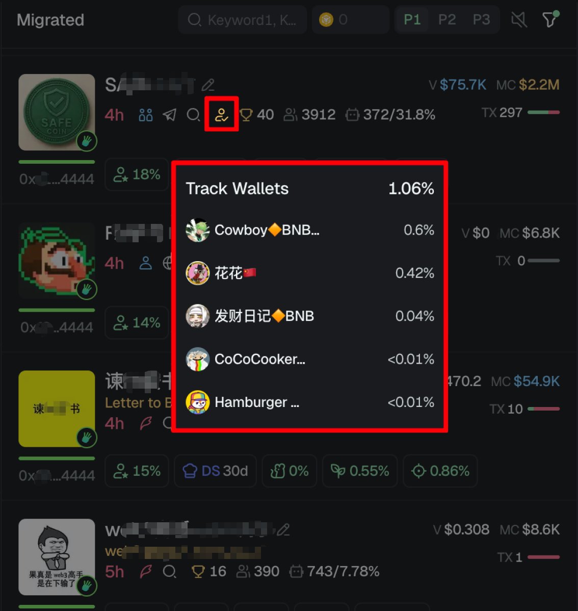 ⚡️ GMGN Update

1. Trenches &amp; Token Page Avatar Window Upgrade 
- Hover over the token avatar to view more info: Token status, Large Avatar Display, Avatar Reused Tokens, Same Name Tokens

2. Chain-Scan New Data - Track Wallets 
- Trenches display if tracked wallets hold this