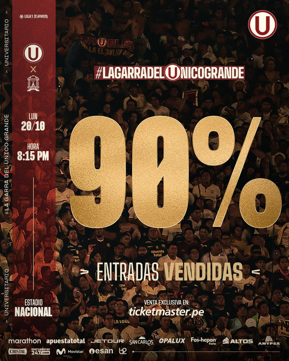 Universitario's tweet image. ¡𝗝Ⓤ𝗚𝗨𝗘𝗠𝗢𝗦 𝗘𝗦𝗧𝗔 𝗙𝗜𝗡𝗔𝗟 𝗔 𝗘𝗦𝗧𝗔𝗗𝗜𝗢 𝗟𝗟𝗘𝗡𝗢! 💪

Superamos el 90% de entradas vendidas para nuestro partido ante Ayacucho FC en el Estadio Nacional.

🎟️ ¡Últimas entradas a sur y occidente aquí! ▶️ bit.ly/4olshQ9

#LaGarraDelÚnicoGrande