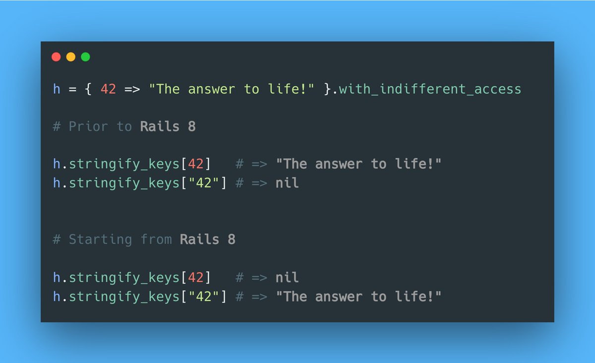 RubyCademy's tweet image. 🚨 Rails 8 Breaking Change

`stringify_keys` now stringifies all keys, not just symbols! 😮

This could break things silently if you’re not careful.

#rubyonrails #activesupport
