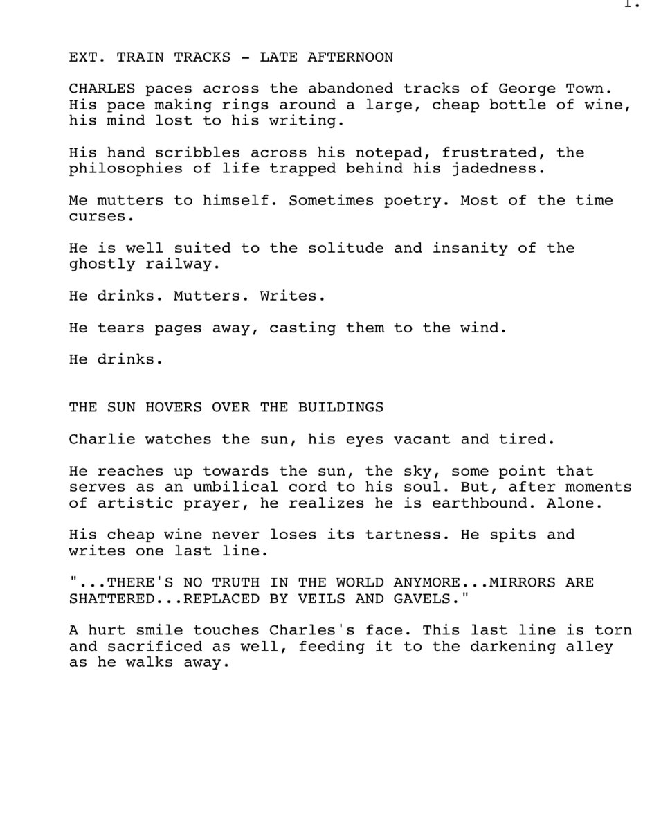 DloMidili's tweet photo. script an' stills for my character Charles's intro vignette, 
wordless for the most part.  Beautiful twilight lit George Town, train tracks, Bukowski-esque, industrial

#Seattlefilm #indiefilm #gorillafilmmaking #lowbudget https://t.co/cwlb1u6bXA