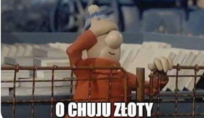 Cartoon character with exaggerated features wearing a blue knit hat and orange clothing leans over a metal fence in a stadium-like setting with white seats behind, holding a golden trophy-like object in one hand while smiling, with Polish text o chujuju zloty overlaid at the bottom.