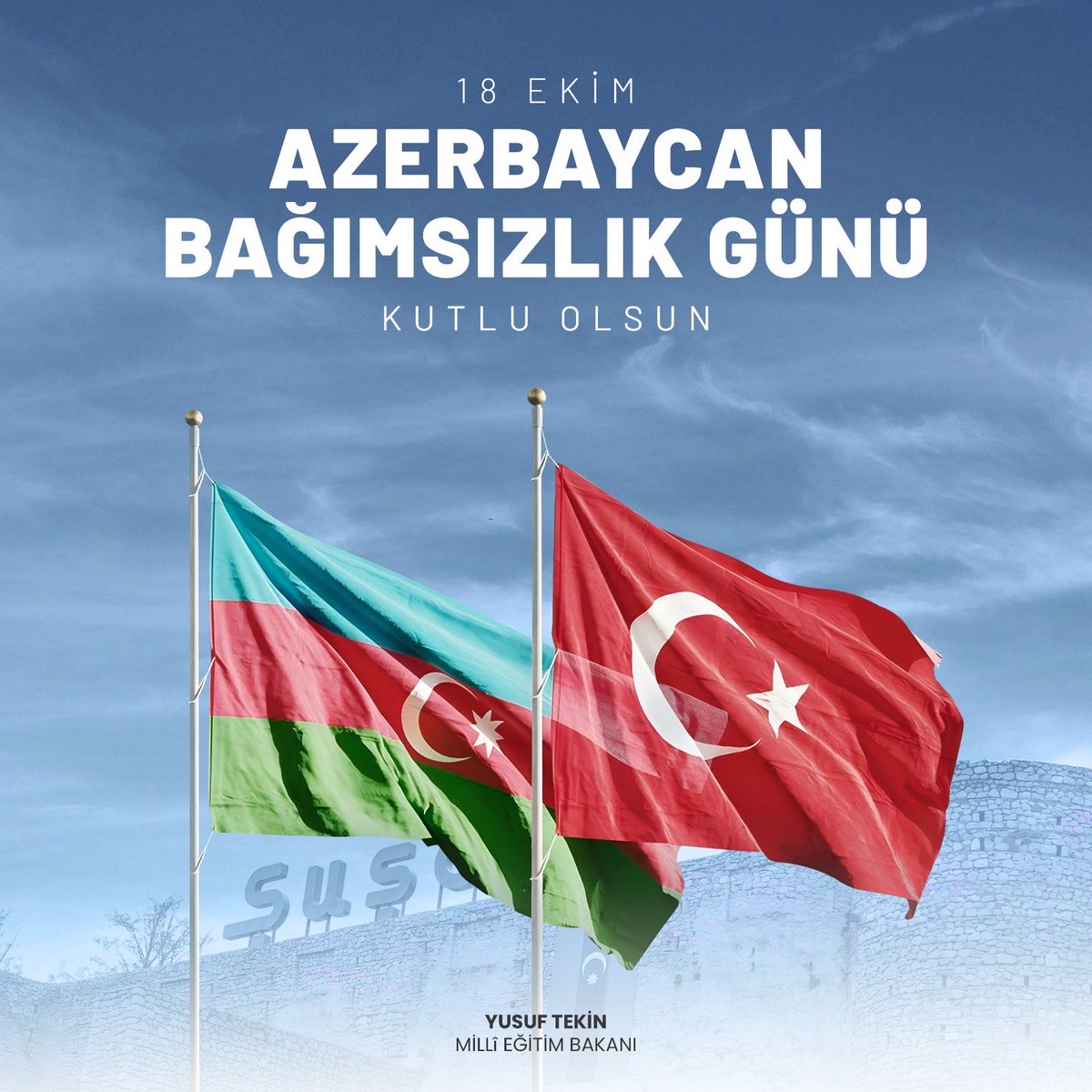 “Bir millet, iki devlet” anlayışıyla birlikte omuz omuza yürüdüğümüz can Azerbaycan’ın Bağımsızlık Günü’nü kutluyorum.

Bu vesileyle aziz şehitlerimizi saygı ve rahmetle yâd ediyorum.

#BirMilletİkiDevlet 🇹🇷🇦🇿