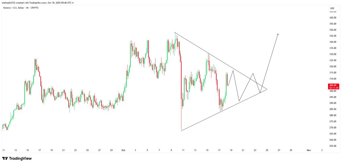 The $XMR consolidation is nearing its point of maximum pressure. Watch for the decisive breakout from this Symmetrical Triangle. A move above the top trendline will trigger a swift move toward $350.