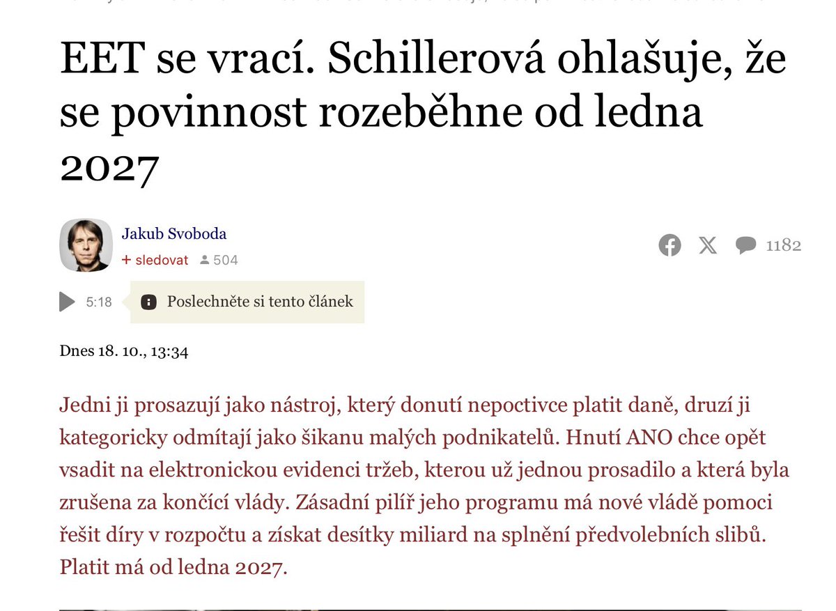 kalousekm's tweet photo. EET je kontrolovatelné(dost nákladně) v maloobchodě a ve veřejném stravování. Ostatní živnosti se vyznačují osamoceným vztahem dodavatel-klient a plnění této povinnosti je tam prakticky nekontrolovatelné.(Kdo nikdy neslyšel otázku “S fakturou, nebo bez?”, ať nečte dál.)
Bude tedy zaveden nástroj, který ve většině živností funkční nebude, ač tam nedochází k menším únikům. Jdeme s kanonem na vrabce a tím kanonem budeme střílet jen do jednoho hejna, ostatní vrabci budou vesele zobat dál. Přínos desítek miliard je nesmyslný předpoklad. Jediný, kdo spolehlivě vydělá, budou operátoři mobilních dat a správci aplikací. Ovšem postupný zánik venkovských obchůdků a hospůdek bude významně urychlen. Předpokládám, že na jejich přežití bude vypsán nějaký hezký dotační program. Nebo raději dva, ať na to můžeme najmout více úředníků současně s těmi kontrolory EET.
