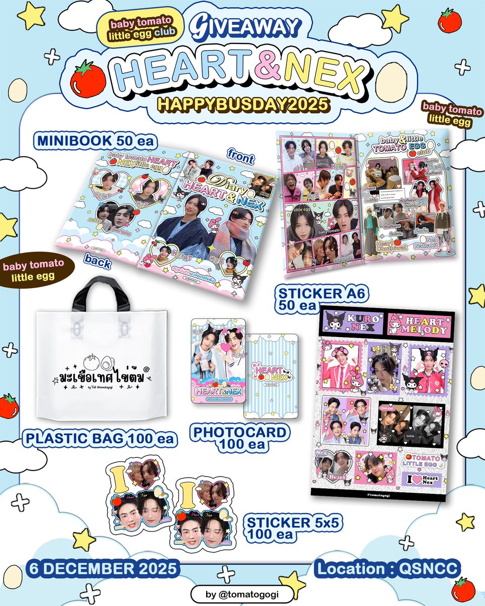 tomatogogi's tweet image. 🌷 pls kindly rt 🩵🏡
ㅡ Giveaway for 🛋️🎀
TOMATO & KHAI-TOM (🍅🥚)
full set - only 50 set *
- Minibook 📓 (50 ea)
- Plastic bag 🛍️ (100 ea)
- Photocard 🎫 (100 ea
- Sticker A6 🎨 (50 ea)
- Sticker 5x5 🖍️ (50 ea)
6 Dec 25, @ QSNCC
time tba 🧚
🍮 rt &…