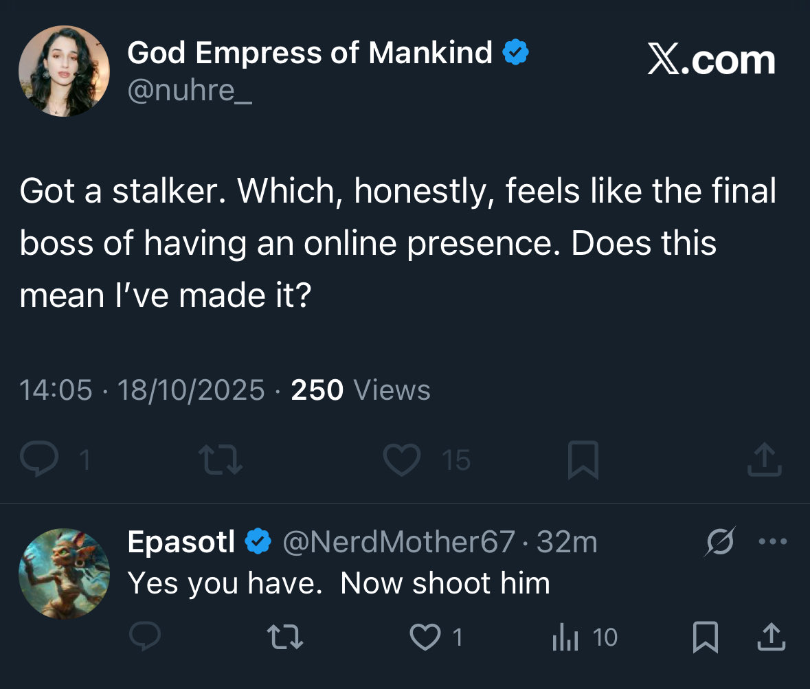 unifadewalker's tweet image. Hey, at least they’re gendering me correctly for once while threatening me! 😂 

But calling the victim of your harassment a “stalker” for releasing the receipts of your own behaviour, is wild. 

But go ahead Nuhre, send your followers my way so I can show them the receipts 🙌