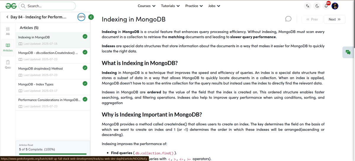MdMazid1707's tweet image. ✅ Day - 84
📷Indexing in MongoDB
84/100 days Web development course Nation Skill Up with
@geeksforgeeks
to skill up our development Course Link : geeksforgeeks.org/batch/skill-up… #skillupwithgfg #nationskillup #CodingChallenge #geeksforgeeks #100DaysOfCode