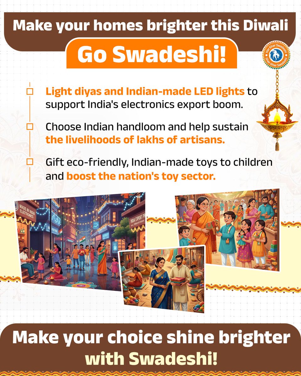 This Diwali, let your celebration become a contribution. 🎇

𝐁𝐮𝐲 𝐈𝐧𝐝𝐢𝐚𝐧. 𝐆𝐢𝐟𝐭 𝐈𝐧𝐝𝐢𝐚𝐧. 𝐂𝐞𝐥𝐞𝐛𝐫𝐚𝐭𝐞 𝐈𝐧𝐝𝐢𝐚𝐧.

Because when you choose Swadeshi, you light up a million livelihoods. 🇮🇳✨

#GharGharSwadeshi